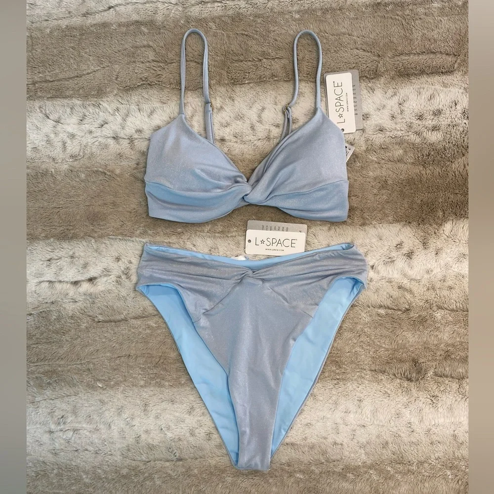 NWT💕L*SPACE Shimmer Ringo Bikini Top & Nancy Lee Bitsy Swim Bottoms in Sky Blue